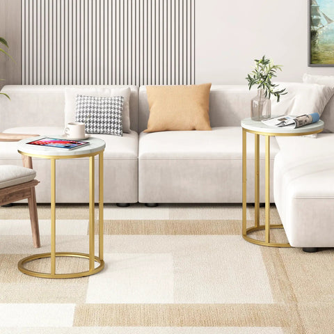 Marble Top C Shaped End Table With Gold Metal Frame, Compact Sofa Side Table That Slides Under Couch in living room setting