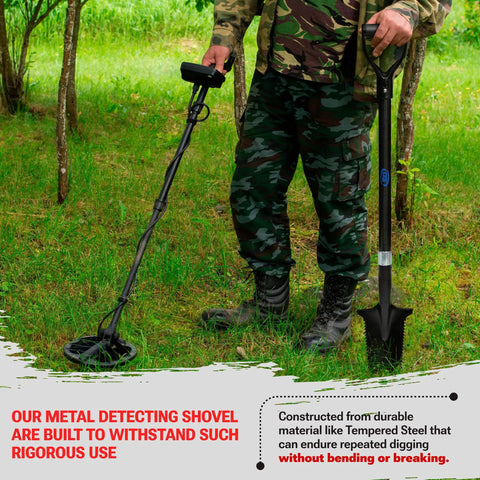 Person with Lightweight Carbon Steel Metal Detecting Shovel With Double Serrated Blade For Treasure Hunting And Garden Digging