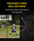 Child using PitchBack Baseball And Softball Pitching Net And Rebounder For Fielding Practice Black And Red Durable Steel Frame