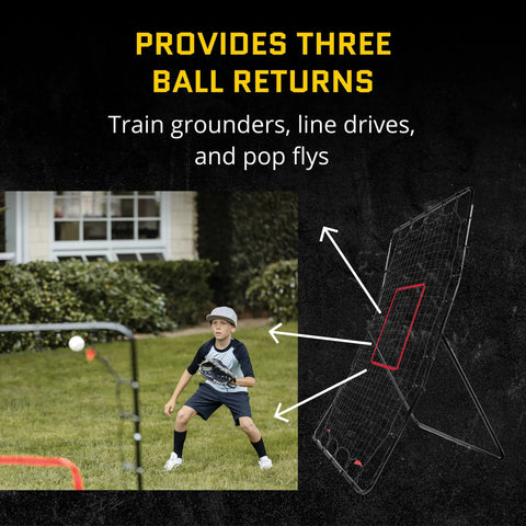 Child using PitchBack Baseball And Softball Pitching Net And Rebounder For Fielding Practice Black And Red Durable Steel Frame