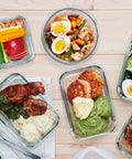Must Have Thirty Piece Glass Food Storage Container Set With Snap Lock Lids For Airtight Meal Prep, Microwave Safe, Oven Safe shown with meals