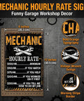 Vintage Badass Mechanic Hourly Rate Metal Wall Sign, 12x8 inches, features funny hourly rate details for garages.