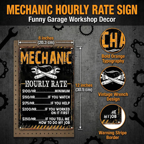 Vintage Badass Mechanic Hourly Rate Metal Wall Sign, 12x8 inches, features funny hourly rate details for garages.