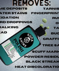Supa Shine Polish bottle with text detailing its uses against lime, tarnish, stains, rust, and more from Buffer Polisher Kit For Car Detailing With 7 Inch Pads Wax Buffing And Polishing Bundle Includes Three Polishers Black Foam Pad Yellow Polishing Pad Wool Pad And Three Point Four Ounce Supa Shine Polish