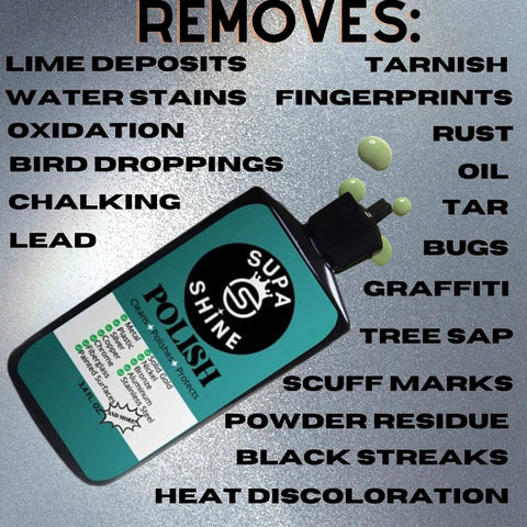 Supa Shine Polish bottle with text detailing its uses against lime, tarnish, stains, rust, and more from Buffer Polisher Kit For Car Detailing With 7 Inch Pads Wax Buffing And Polishing Bundle Includes Three Polishers Black Foam Pad Yellow Polishing Pad Wool Pad And Three Point Four Ounce Supa Shine Polish
