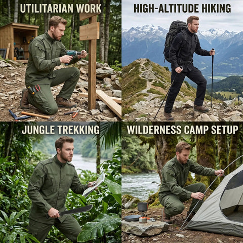Kickass Mens Tactical Jacket And Pants Set Windproof Military Hunting ACU Uniform Suit for utilitarian work and hiking activities.