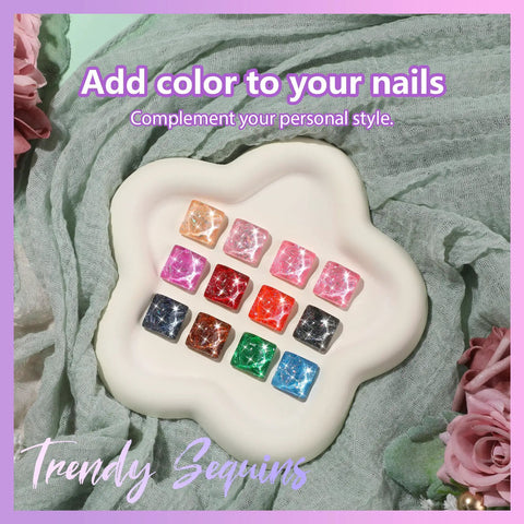12 colorful sequin nail art designs on a flower-shaped palette for 24 Color Hema Free Solid Gel Nail Polish Kit.