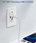 Snazzy Dual Usb Wall Outlet With 15A Tamper Resistant Jacks And 3.6A Quick Charge Ports Features Glowing LED Light UL Approved Decora Plate Nifty Upgrade For Bustling Kitchens And Rec Rooms 20 Count Pack mounted on wall with phone charging.