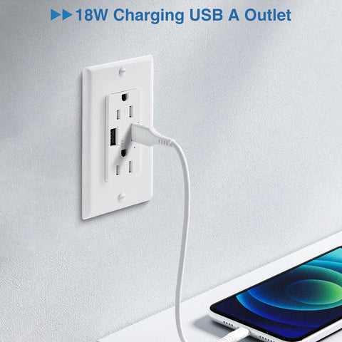 Snazzy Dual Usb Wall Outlet With 15A Tamper Resistant Jacks And 3.6A Quick Charge Ports Features Glowing LED Light UL Approved Decora Plate Nifty Upgrade For Bustling Kitchens And Rec Rooms 20 Count Pack mounted on wall with phone charging.