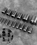 21 Piece Leather Circle Cutter Set With Circle Punches From 1mm To 15mm And 20mm 25mm 30mm 35mm 40mm 45mm 50mm Dies, shown on a table