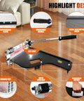 13 Inch Vinyl Floor Cutter with HSS blade, wheels, LED light, shown on wooden floor with ergonomic handle and cutting features.