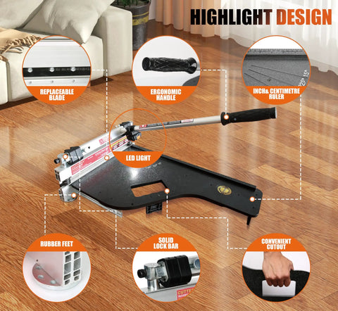 13 Inch Vinyl Floor Cutter with HSS blade, wheels, LED light, shown on wooden floor with ergonomic handle and cutting features.