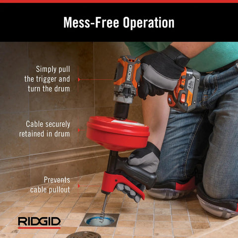 Person using Power Spinner Drain Cleaner With AutoFeed Self Feed Cable For Drill Powered Operation Up To Five Hundred RPMs