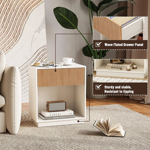 Fluted Nightstands Set Of 2 Dope Modern Bedside Tables With Drawer And Storage Shelf White Oak Finish For Bedroom Living Room Office Mid Century Vibe Collection in living room setting with wave drawer detail and book storage.