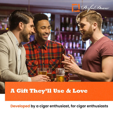 Cigar Draw Enhancer Tool And Nubber For Perfect Draw Every Time, Patented Technology, 5 Inch Accessory To Fix Tight Draws, Deliver Smooth Burns, Even Ash, And Consistent Hits On The Go. Men talking in bar.
