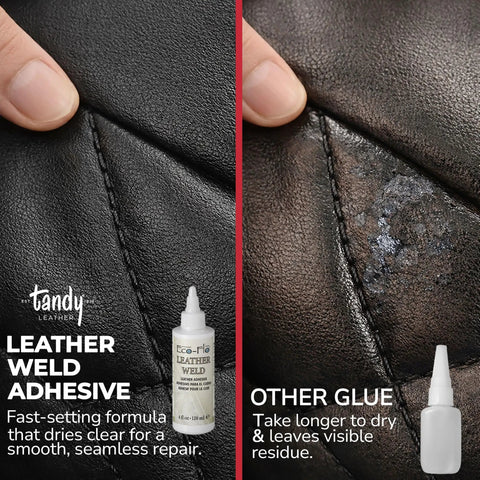 Comparison of Eco Flo Leather Weld Adhesive and other glue on leather; Eco Flo dries clear, other glue leaves residue, 4 fl oz bottle visible.