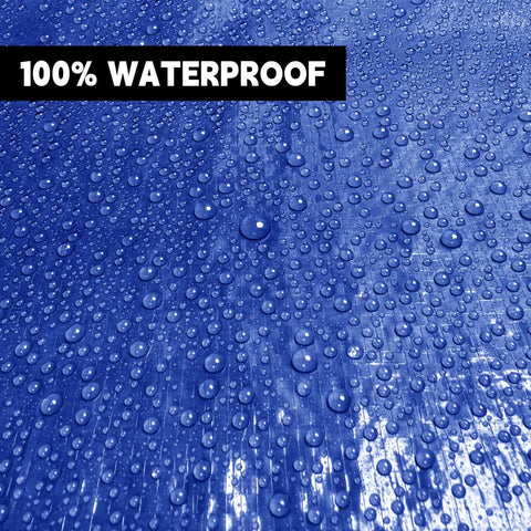 Close-up of 100% waterproof Heavy Duty 20x30 Ft Blue Tarp, 5 Mil Waterproof And UV Resistant, with water droplets on surface.