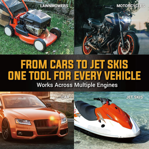 EWK 6L vacuum oil extractor pump for oil changes; collage shows car, motorcycle, jet ski and lawnmower