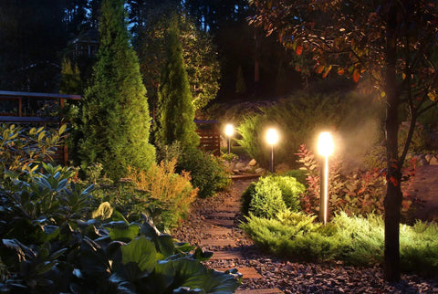 Outdoor garden pathway lit by 10 Pack Clear Dimmable T4 Q35 GY6 35 120V Halogen Light Bulbs 35W set in warm ambiance.