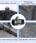 Large Mesh Dive Bag For Scuba Gear And Snorkeling Essentials With Waterproof Phone Pouch And Adjustable Shoulder Strap Heavy Duty Duffle Case Fits Wetsuit BCD Goggles And More Black showing secure zipper, waterproof fabric, hanging rings, mesh body.