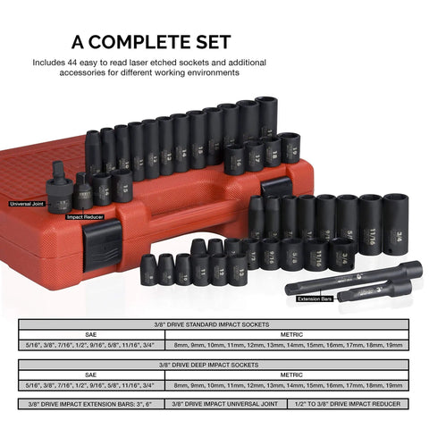 3/8 Inch Drive Impact Socket Set With SAE And Metric Sizes, 44-Piece Kit shown with extension bars and U-joint on case