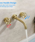 Brushed Gold Wall Mount Bathroom Faucet With Vintage Widespread Design, Dual Round Handles, Vessel Sink Ready, And 360 Degree Swivel Spout