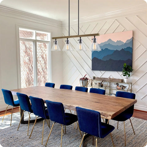 Dining area with Dope Farmhouse Kitchen Island Light With Four Lights In Black Metal Frame Smoked Birch Accent Seeded Glass