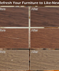 Professional Wood Furniture Repair Kit With Twelve Shade Fillers And Eight Touch Up Markers before and after repair comparison.
