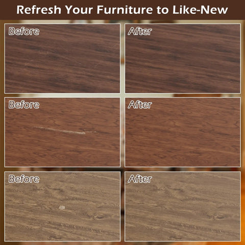 Professional Wood Furniture Repair Kit With Twelve Shade Fillers And Eight Touch Up Markers before and after repair comparison.