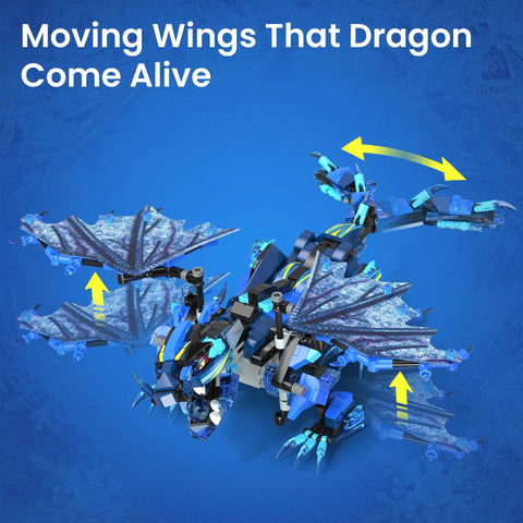 Dragon Building Kit With Remote Control For Kids 8-12 Hands On STEM Toy That Sparks Imagination Build Code And Play With A Dope Flying Dragon Ideal Gift For Birthday Or Holiday. Blue LEGO-style dragon with moving wings