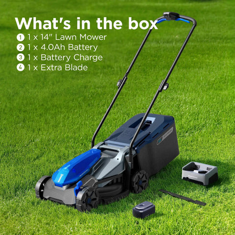 14 Inch Cordless Lawn Mower With 40V 4Ah Battery And Charger Ultra Quiet Motor For Tiny Yards And Urban Lawns Its A Breeze Lightweight Push Mower For Patios Townhomes And Backyard Maintenance Up To 3500 Sq Ft Per Charge on grass with battery and charger