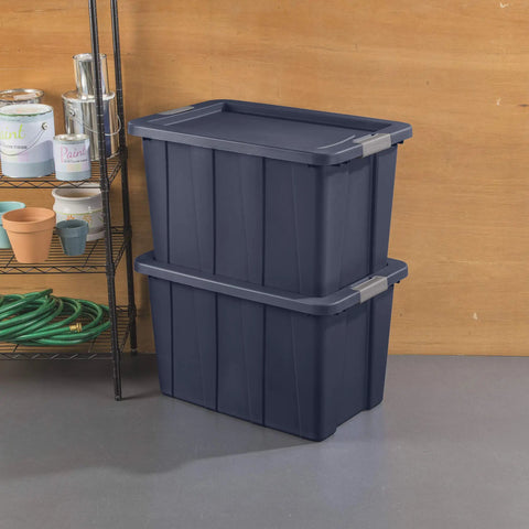 Stacked Heavy Duty 30 Gallon Latching Tuff1 Storage Tote 4-Pack, blue bins with secure latch lids in garage setting