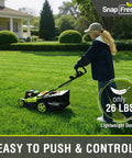 Woman using 40V Brushless Cordless Lawn Mower With Dual 5Ah Batteries, Fast Charger, Easy Push Start, Lightweight Electric