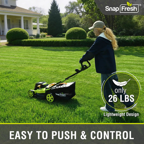 Woman using 40V Brushless Cordless Lawn Mower With Dual 5Ah Batteries, Fast Charger, Easy Push Start, Lightweight Electric
