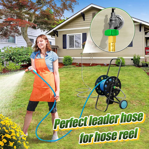 Woman using Beefy Heavy Duty 304 Stainless Steel Construction Double Female Hose Connector hose in garden with reel