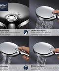 Rainshower Hand Shower With SmartActive Tech 3 Spray Modes 1.75 GPM Polished Nickel Finish showing spray options.
