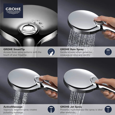 Rainshower Hand Shower With SmartActive Tech 3 Spray Modes 1.75 GPM Polished Nickel Finish showing spray options.