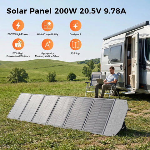 Heavy Duty 1800W Portable Power Station With Included 200W Solar Panel LiFePO4 Battery EV Backup Outdoor Generator in use outdoors.
