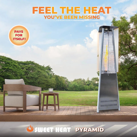 Heat Boost Patio Heater Reflector Shield For Outdoor Use shown on pyramid heater, enhancing heat range and efficiency.