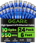 Ultra Fast Cat6 Ethernet Patch Cables 24-Pack, 6 Ft Blue Snagless 24AWG UTP with gold-plated RJ45, ideal for high-speed networking.
