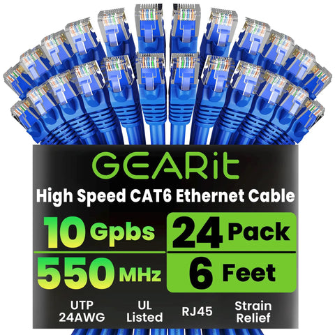 Ultra Fast Cat6 Ethernet Patch Cables 24-Pack, 6 Ft Blue Snagless 24AWG UTP with gold-plated RJ45, ideal for high-speed networking.