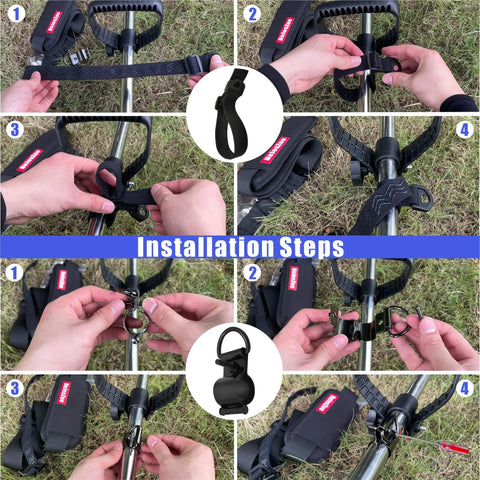 Installation steps for Universal Trimmer Shoulder Strap Harness For Weed Whackers And Leaf Blowers, showing nylon straps and clamps.