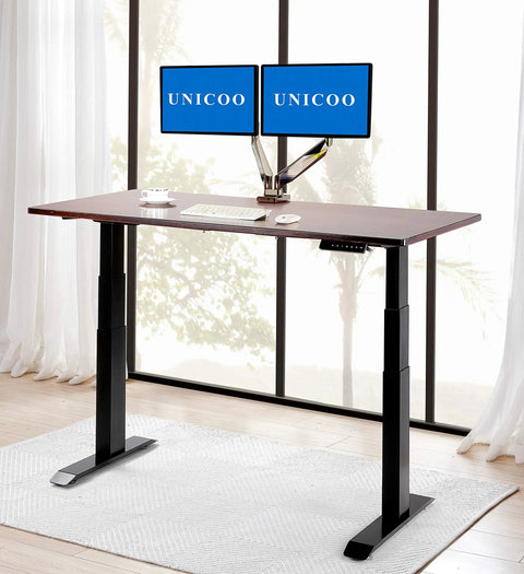 Electric Stand Up Desk Frame With Dual Motor And Three Stage Lifting For Smooth Height Adjustment Includes Four Memory Preset Keypad Fits Tops To 78 Inches Long Heavy Duty Steel Build Supports Up To Two Hundred Sixty Four Pounds Perfect For Modern Home showing dual monitors on a wooden top.