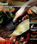Ergonomic Hand Trowel With Oversized Head For Digging And Planting In Tough Soil, Fiber Composite Garden Tool with hand in lush garden