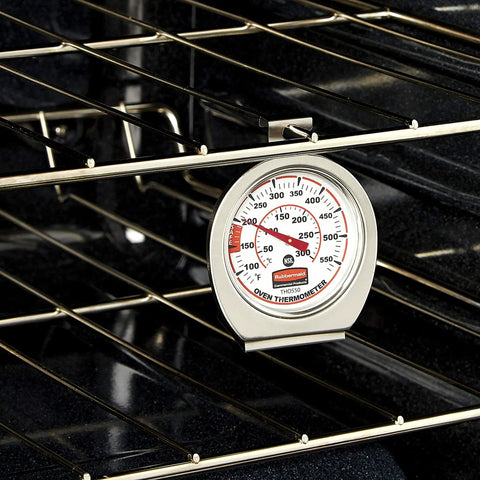 Stainless Steel Monitoring Thermometer For Oven, Grill And Smoker 60 To 580 F Range Food Safe Easy Read Dial Ideal For Restaurant Or Home Cooking Everyday, placed on oven rack.