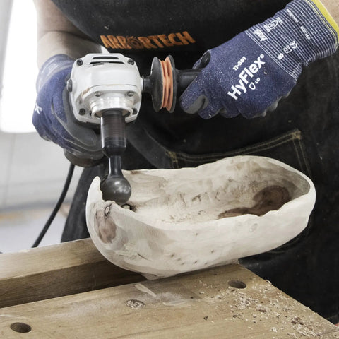 Ball Gouge Attachment for Angle Grinder Pro Grade Power Carving Tool for Hollowing Small Concave Surfaces 30 Millimeter Diameter Self Sharpening Rotatable Replaceable Blade Arbortech BAL FG 2000 in use on wooden bowl