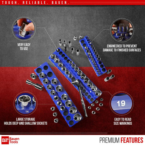 Blue Magnetic Socket Organizer Set 3 Piece Metric Socket Holder with sockets displayed, showing easy-to-read labels and tool use.