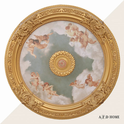 Antique Cherubs Sky Gold Trim Round Ceiling Medallion, 36 Inch Diameter Polystyrene Chandelier Plate Molding