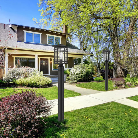 Outdoor Post Light Fixture With Seeded Glass In Black Finish Exterior Pillar Lantern for walkways near house.