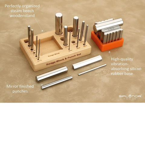 Steel 2.5 Inch Swage Block With 16 Punch Set for jewelry making on wood stand and rubber base, shown organized on a table.